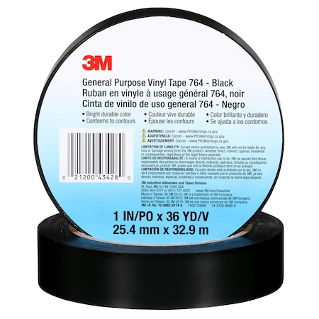 3M Vinyl Tape, 5.0 Mil, 1"x36 yds, Black, PK36 T965764B